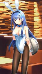 Rule 34 | 1girl, ahoge, animal ears, arms behind back, bare arms, black pantyhose, blue bow, blue bowtie, blue hair, blue hairband, blue ribbon, blurry, blurry background, blush, bow, bowtie, breasts, cleavage, closed mouth, collarbone, covered navel, detached collar, doukyuusei another world, fake animal ears, game cg, hair between eyes, hairband, highleg, highleg leotard, holding, holding plate, indoors, kakyuusei 2, leotard, long hair, medium breasts, pantyhose, plate, playboy bunny, rabbit ears, red eyes, ribbon, solo, standing, strapless, strapless leotard, takatoo nanase, very long hair, white leotard, wrist cuffs