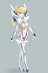 Rule 34 | 1girl, blonde hair, blue eyes, boots, breasts, cleavage, cleavage cutout, clothing cutout, cosplay, crown, drawfag, full body, hair ornament, hairclip, highres, junketsu, kill la kill, kiryuuin satsuki, kiryuuin satsuki (cosplay), long hair, mario (series), nintendo, ponytail, princess peach, revealing clothes, solo, standing, suspenders, thigh boots, thighhighs