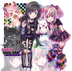 Rule 34 | 2000s (style), 2girls, absurdres, akemi homura, animal print, black choker, black footwear, black hair, black hairband, black pantyhose, black shirt, boots, bow, choker, colored tips, domo-kun, fingerless gloves, fishnet pantyhose, fishnets, food, gloomy bear, gloves, hair bow, hairband, highres, kuro miumu, kyubey, layered sleeves, leaning forward, leopard print, long hair, long sleeves, looking at viewer, mahou shoujo madoka magica, mahou shoujo madoka magica (anime), multicolored hair, multiple girls, my chemical romance, open mouth, pantyhose, pink eyes, pink gloves, pink hair, pink skirt, plaid, plaid skirt, print hair, purple eyes, rainbow, ripped jeans, shirt, short over long sleeves, short sleeves, simple background, skirt, smile, spiked choker, spikes, striped clothes, striped gloves, striped hair, striped thighhighs, thighhighs, twintails, very long hair, waffle, white background
