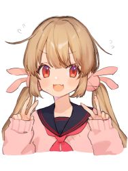 Rule 34 | 1girl, cardigan, commentary, double v, flying sweatdrops, hair ornament, highres, light brown hair, long hair, natori sana, open mouth, pink cardigan, rabbit hair ornament, red eyes, red neckwear, sailor collar, sana channel, school uniform, simple background, sketch, sleeves past wrists, smile, solo, symbol-only commentary, twintails, upper body, v, virtual youtuber, white background, zumi tiri