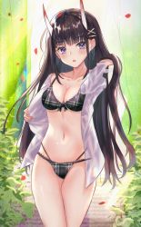 Rule 34 | 1girl, arm up, azur lane, black bra, black hair, black panties, blush, bow, bow bra, bow panties, bra, breasts, cleavage, collarbone, cowboy shot, crossed legs, earrings, hair ornament, hairclip, hand in own hair, hand up, highres, holding, holding clothes, holding shirt, horns, jewelry, lens flare, lingerie, long hair, looking at viewer, medium breasts, multi-strapped panties, navel, no pants, noshiro (azur lane), oni horns, open clothes, open mouth, open shirt, panipo2501, panties, petals, plaid, plaid bra, plaid panties, plant, purple eyes, shirt, sidelocks, solo, standing, stomach, string panties, sunlight, thighs, underwear, very long hair, white shirt, x hair ornament
