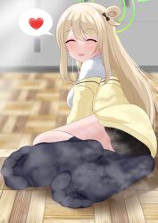 Rule 34 | 1girl, absurdres, beru (belse mmrkhr), blonde hair, blue archive, blush, closed eyes, feet, foot focus, highres, long hair, looking at viewer, nonomi (blue archive), open mouth, socks, soles, solo, steam