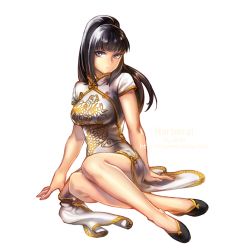 Rule 34 | 1girl, aken, artist name, black eyes, black hair, character name, china dress, chinese clothes, dress, expressionless, full body, high ponytail, long hair, long legs, narberal gamma, overlord (maruyama), simple background, sitting, solo, watermark, web address, white background