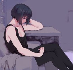 Rule 34 | 1girl, bad id, bad pixiv id, black hair, black pants, black shirt, blue eyes, breasts, couch, from side, ghost in the shell, hand on own head, katsuoboshi, kusanagi motoko, looking away, looking down, no bra, on couch, pants, partially colored, purple theme, shirt, short hair, sitting, sleeveless, small breasts, solo, strap gap, table, tank top, twitter username