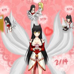 Rule 34 | 1girl, :o, ahri (league of legends), animal ears, bag, black hair, blush, book, breasts, chibi, chibi inset, chocolate, cleavage, cooking, detached sleeves, fox ears, fox tail, heart, highres, korean clothes, large breasts, league of legends, long hair, multiple tails, shimo hane, smile, solo, surprised, sweatdrop, tail, valentine, very long hair, yellow eyes