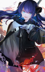 Rule 34 | 1girl, arknights, black jacket, black shorts, blue eyes, blue hair, commentary request, fire, gloves, highres, horns, jacket, long hair, long sleeves, looking at viewer, mostima (arknights), open clothes, open jacket, parted lips, shinonome nemu (nemulog sn), shirt, shorts, shoulder strap, smile, solo, weapon connection, white gloves, white shirt
