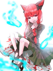 Rule 34 | 1girl, animal ears, black bow, blood, blood on clothes, bow, braid, cat ears, cat tail, dress, extra ears, fire, green dress, hair bow, highres, hitodama, kaenbyou rin, light smile, long hair, long sleeves, looking at viewer, multiple tails, puffy sleeves, red eyes, red hair, simple background, sitting, skull, solo, tail, touhou, twin braids, white background, zasco fox