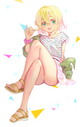 Rule 34 | 1girl, blonde hair, brown footwear, commentary, crossed legs, feet, green eyes, green jacket, hand in own hair, invisible chair, jacket, jewelry, jj (ssspulse), kanojo okarishimasu, knee up, legs, looking at viewer, nanami mami, necklace, off shoulder, open mouth, pink scrunchie, sandals, scrunchie, shirt, short hair, sitting, sleeveless, sleeveless shirt, smile, solo, striped clothes, striped shirt, toes, white shirt, wrist scrunchie