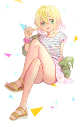 1girl blonde_hair brown_footwear commentary crossed_legs feet green_eyes green_jacket hand_in_own_hair invisible_chair jacket jewelry jj_(ssspulse) kanojo_okarishimasu knee_up legs looking_at_viewer nanami_mami necklace off_shoulder open_mouth pink_scrunchie sandals scrunchie shirt short_hair sitting sleeveless sleeveless_shirt smile solo striped_clothes striped_shirt toes white_shirt wrist_scrunchie