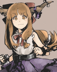 Rule 34 | 1girl, blonde hair, bow, chain, clenched hands, hair bow, hikage, horn ornament, horn ribbon, horns, ibuki suika, long hair, looking at viewer, ribbon, shirt, simple background, sleeveless, sleeveless shirt, solo, tan background, touhou, very long hair, white background, wrist cuffs, yellow eyes