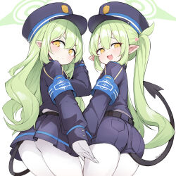 Rule 34 | 2girls, ass, black hat, black jacket, black shorts, black skirt, black tail, blue archive, blush, closed mouth, demon tail, earrings, green hair, hat, heart, hikari (blue archive), nozomi (blue archive), highres, jacket, jewelry, long hair, long sleeves, mou tama maru, multiple girls, pantyhose, peaked cap, pleated skirt, pointy ears, shorts, sidelocks, simple background, single earring, skirt, tail, twintails, twitter username, white background, white pantyhose, yellow eyes