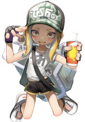 Rule 34 | 1girl, absurdres, black gloves, blonde hair, cup, fingerless gloves, gloves, green hat, hat, highres, holding, holding cup, kneeling, long hair, looking at viewer, nintendo, octoling, octoling girl, octoling player character, shoes, simple background, sneakers, solo, splatoon (series), tab head, tentacle hair, white background, yellow eyes