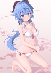 Rule 34 | 1girl, absurdres, ahoge, barefoot, bikini, blue hair, blush, breasts, brown eyes, cleavage, closed mouth, commentary request, ganyu (genshin impact), genshin impact, highres, horns, kneeling, large breasts, long hair, low ponytail, navel, sidelocks, solo, swimsuit, white bikini, wolf holiday