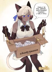 Rule 34 | 1girl, :d, animal ears, blue eyes, bow, bowtie, box, brand name imitation, breasts, brown bow, brown bowtie, brown gloves, brown pantyhose, cardboard box, cat ears, cat tail, celine (sui (suizilla)), collared shirt, dark-skinned female, dark skin, fang, feet out of frame, gloves, highres, holding, holding clothes, holding swimsuit, large breasts, long hair, multicolored hair, open mouth, original, pantyhose, shirt, sitting, sleeveless, sleeveless shirt, smile, solo, speech bubble, streaked hair, sui (suizilla), swimsuit, tail, unworn bikini bottom, unworn bikini top, white hair, white shirt