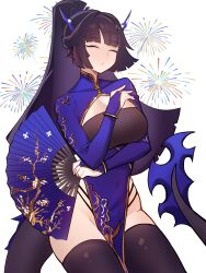 Rule 34 | 1girl, absurdres, black hair, black panties, black thighhighs, blunt bangs, breasts, bridal gauntlets, china dress, chinese clothes, cleavage cutout, closed eyes, clothing cutout, commission, distr, dragon horns, dragon tail, dress, hand fan, highres, horns, large breasts, long hair, looking at viewer, panties, pelvic curtain, pixiv commission, ponytail, purple horns, solo, tail, tatakau ataisuru, thighhighs, underwear, yamaguchi ryouko