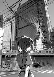 Rule 34 | 1girl, absurdres, bow, building, car, cigarette, city, commentary, dress, from behind, girls und panzer, greyscale, hair bow, highres, huge filesize, kadotani anzu, long hair, looking at viewer, looking back, moku x moku, monochrome, motor vehicle, no entry sign, power lines, red eyes, road sign, rod, shirt, short sleeves, sign, smoke, smoking, solo, spot color, standing, train, twintails, utility pole