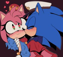 Rule 34 | 1boy, 1girl, amy rose, anchor symbol, blush, bracelet, carrying, closed eyes, dress, eyepatch, feather boa, furry, furry female, furry male, gloves, happy, hat, heart, heart eyepatch, highres, jewelry, kiss, kissing cheek, peaked cap, princess carry, red dress, smile, sonic (series), sonic the hedgehog, the murder of sonic the hedgehog, toonsite, wavy mouth, white gloves