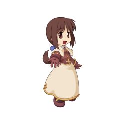 Rule 34 | 1girl, :d, acolyte (ragnarok online), black socks, bob cut, breasts, brown eyes, brown gloves, brown hair, brown shirt, capelet, chibi, full body, gloves, long sleeves, looking at viewer, low ponytail, mary janes, medium bangs, official art, open mouth, ragnarok online, shirt, shoes, simple background, skirt, small breasts, smile, socks, solo, standing, tachi-e, transparent background, white capelet, white skirt, yuichirou