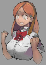 Rule 34 | 1girl, bleach, bow, bowtie, breasts, clenched hands, clenched teeth, grey eyes, hair ornament, hairclip, highres, inoue orihime, large breasts, long hair, orange hair, saliva, simple background, solo, tears, teeth, umezawa michiko, upper body