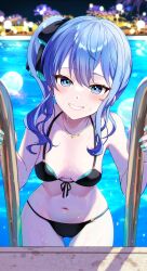 Rule 34 | 1girl, absurdres, bikini, black bikini, blue eyes, blue hair, blue nails, breasts, collarbone, commentary request, grin, highres, hololive, hoshimachi suisei, jewelry, kudoukudokudo, long hair, looking at viewer, navel, necklace, night, night sky, pool, pool ladder, side ponytail, sky, small breasts, smile, solo, star (symbol), star in eye, stomach, swimsuit, symbol in eye, teeth, virtual youtuber, water, wet