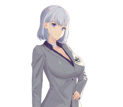 Rule 34 | 1girl, badge, blazer, breasts, business suit, choker, closed mouth, formal, girls&#039; frontline, grey blazer, hand on own stomach, hanser, highres, jacket, large breasts, looking at viewer, medium hair, purple eyes, purple shirt, rpk-16 (girls&#039; frontline), rpk-16 (renate) (girls&#039; frontline), shirt, silver hair, smile, solo, suit, white background