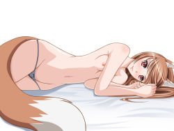 Rule 34 | 00s, 1girl, animal ears, bad id, bad pixiv id, breasts, brown hair, chiro, groin, holo, looking at viewer, lowleg, lowleg panties, lying, moon cat, navel, nipples, nude, on side, panties, red eyes, red hair, small breasts, smile, solo, spice and wolf, tail, topless, underwear, wallpaper, wolf ears, wolf girl, wolf tail