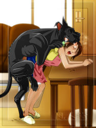 Rule 34 | 1boy, 1girl, apron, artist name, bent over, bestiality, black fur, blue skirt, bonjin-do, brown hair, chair, cheating (relationship), closed eyes, clothed female nude male, coffee table, couch, dog, doggystyle, door, earrings, hetero, highres, indoors, jewelry, miniskirt, nude, open mouth, original, panties, panties around leg, ring, saliva, sex, sex from behind, short hair, skirt, slippers, table, tankuro (funhouse), tongue, underwear, wedding ring