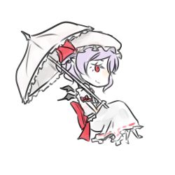 1girl bat_wings bow chibi chibibro female_focus hat purple_hair red_eyes remilia_scarlet short_hair solo touhou umbrella wings