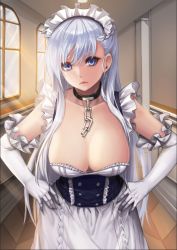 Rule 34 | 1girl, azur lane, bad id, bad pixiv id, belfast (azur lane), blue eyes, braid, breasts, chain, choker, cleavage, closed mouth, collar, collarbone, commentary request, corset, dress, elbow gloves, french braid, frilled dress, frilled gloves, frills, gloves, hair between eyes, hallway, hands on own hips, indoors, kibellin, large breasts, long hair, looking at viewer, maid, maid headdress, silver hair, tile floor, tiles, white gloves, window