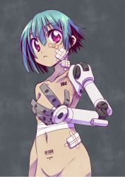Rule 34 | 1girl, :&lt;, bandages, bandaid, barcode, barcode tattoo, blue hair, breasts, commentary request, convenient censoring, looking at viewer, naked bandage, nude, number tattoo, original, prosthesis, red eyes, short hair, small breasts, tattoo, tommy region