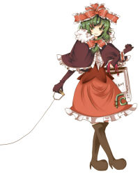 Rule 34 | 1girl, black gloves, boots, brown footwear, capelet, elbow gloves, female focus, frills, front ponytail, full body, gloves, holding, kagiyama hina, looking at viewer, shawl, simple background, solo, standing, string, thighhighs, touhou, umi (umi02), white background, zettai ryouiki
