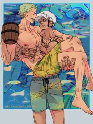 Rule 34 | 2boys, abs, alternate costume, aqua male swimwear, aqua swim trunks, bara, black hair, carrying, chest tattoo, closed eyes, collarbone, cup, dated, drawstring, earrings, facial hair, goatee, green hair, grin, hat, highres, holding, holding cup, jewelry, letterboxed, long sideburns, looking at another, male focus, male swimwear, multiple boys, nipples, one piece, pectorals, princess carry, re drawlife, roronoa zoro, scar, scar across eye, scar on leg, short hair, sideburns, smile, swim trunks, swimsuit, tattoo, trafalgar law, twitter username, yellow eyes, yellow male swimwear, yellow swim trunks