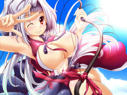 Rule 34 | 1girl, alternate hairstyle, bow (weapon), breasts, brown eyes, center opening, cleavage, downblouse, female focus, highres, large breasts, long hair, no nipples, one eye closed, silver hair, smile, solo, touhou, weapon, wink, yagokoro eirin, yanmarson