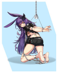 Rule 34 | 1girl, @ @, absurdres, animal ear fluff, animal ears, arknights, bdsm, bondage, bound, collar, cuffs, feet, handcuffs, highres, long hair, purple eyes, purple hair, rabbit ears, restrained, rope (arknights), second-party source, shackles, shinebell, simple background, solo, wavy mouth
