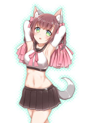 Rule 34 | 1girl, animal ear fluff, animal ears, armpits, arms behind head, arms up, azur lane, black sailor collar, black skirt, blush, breasts, brown hair, cheerleader, collarbone, commentary request, cowboy shot, crop top, dog ears, dog tail, elbow gloves, gloves, green eyes, groin, hair ribbon, hestia (neko itachi), holding, holding pom poms, looking at viewer, medium breasts, midriff, miniskirt, navel, neck ribbon, open mouth, outline, pink ribbon, pleated skirt, pom pom (cheerleading), pom poms, ribbon, sailor collar, shiratsuyu (azur lane), shirt, sidelocks, simple background, skirt, sleeveless, sleeveless shirt, solo, standing, tail, two side up, white background, white gloves, white shirt