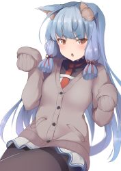 Rule 34 | 1girl, absurdres, animal ear fluff, animal ears, blue hair, blush, brown cardigan, brown eyes, brown pantyhose, cardigan, cat ears, commentary request, covered collarbone, dress, dyson (edaokunnsaikouya), fang, hair ribbon, hands up, highres, jewelry, kantai collection, kemonomimi mode, long hair, long sleeves, looking at viewer, murakumo (kancolle), necklace, pantyhose, parted lips, red neckwear, red ribbon, ribbon, sidelocks, simple background, sleeves past fingers, sleeves past wrists, solo, tress ribbon, very long hair, white background, white dress