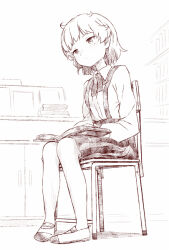 Rule 34 | 1girl, book, book on lap, chair, collared shirt, commentary request, dress shirt, expressionless, full body, hatoba tsugu, holding, holding book, indoors, long sleeves, looking ahead, mole, mole under eye, monochrome, neck ribbon, no headwear, on chair, open book, oumi mizu, pigeon-toed, pleated skirt, ribbon, school chair, shirt, shoes, short hair, sitting, skirt, solo, suspender skirt, suspenders, tsugu (vtuber), uwabaki, virtual youtuber