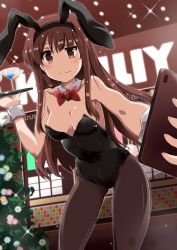 Rule 34 | 1girl, animal ears, black leotard, black pantyhose, bow, bowtie, breasts, brown eyes, brown hair, cellphone, christmas tree, cleavage, cocktail glass, commentary request, commission, cowboy shot, cup, detached collar, drinking glass, foreshortening, idolmaster, idolmaster million live!, leotard, long hair, medium breasts, pantyhose, phone, playboy bunny, rabbit ears, rabbit tail, red bow, red bowtie, skeb commission, solo, strapless, strapless leotard, tail, tanaka kotoha, train 90, tray, wrist cuffs