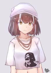 Rule 34 | 1girl, arknights, artist name, beret, black hair, brown eyes, chain necklace, collarbone, commentary, cosplay, crop top, grey background, hat, highres, jewelry, looking at viewer, magallan (arknights), midriff, multicolored hair, navel, necklace, pascahujan, shirt, short hair, short sleeves, signature, simple background, solo, streaked hair, t-shirt, the emperor (arknights), the emperor (arknights) (cosplay), upper body, white hair, white hat, white shirt