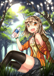 Rule 34 | 1girl, backpack, bag, black thighhighs, breasts, brown eyes, brown hair, cleavage, earphones, forest, from side, gia, hair between eyes, highres, long hair, nature, no bra, original, shorts, small breasts, solo, thighhighs