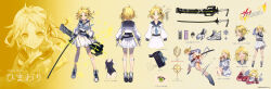 1girl absurdres ahoge black_ribbon blonde_hair blue_sailor_collar character_name character_sheet closed_mouth commentary_request copyright_name da-kuro from_behind full_body gloves green_eyes grey_neckerchief hair_ornament highres himawari_(sakura_ignoramus) holding holding_sword holding_weapon katana long_sleeves looking_at_viewer neckerchief official_art parted_bangs pleated_skirt ribbon sailor_collar sakura_ignoramus second-party_source simple_background skirt smile standing straight-on sword weapon white_footwear white_gloves white_skirt yellow_background