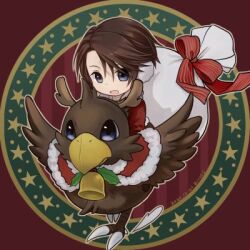 Rule 34 | 1boy, alternate costume, animal, bell, bird, blue eyes, bow, brown hair, brown wings, chibi, chocobo, christmas, commentary request, dated, earmuffs, fake horns, feathered wings, final fantasy, final fantasy viii, full body, fur trim, hiryuu (kana h), holly, horns, lowres, male focus, open mouth, red bow, riding, riding animal, running, sack, scar, scar on face, short hair, signature, sitting, solo, squall leonhart, star (symbol), wings