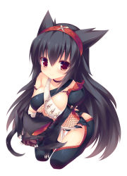 Rule 34 | 1girl, animal ears, any (trueblue), ass, black hair, breasts, capcom, fishnets, hairband, large breasts, long hair, monster hunter (series), nargacuga, nargacuga (armor), red eyes, simple background, smile, solo, thighhighs, white background