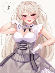 Rule 34 | 1girl, armpit cutout, blush, breasts, brown eyes, cleavage, cleavage cutout, clothing cutout, conte di cavour (kancolle), conte di cavour nuovo (kancolle), corset, dress, frilled dress, frills, gloves, grey dress, grey hair, highres, kantai collection, kozu (bloomme1 me), large breasts, layered dress, long hair, musical note, open mouth, simple background, solo, two-tone dress, two side up, white background, white dress, white gloves