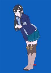 Rule 34 | 1girl, alternate costume, bad id, bad twitter id, barcode scanner, black hair, blue background, blue shirt, blue skirt, brown thighhighs, employee uniform, full body, glasses, green eyes, hairband, hip vent, kantai collection, lawson, long hair, looking at viewer, ojipon, ooyodo (kancolle), open mouth, pleated skirt, semi-rimless eyewear, shirt, simple background, skirt, smile, solo, striped clothes, striped shirt, thighhighs, under-rim eyewear, uniform, white hairband