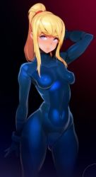 Rule 34 | 1girl, arm up, blonde hair, blue bodysuit, blush, bodysuit, breasts, cameltoe, commentary, covered erect nipples, covered navel, cowboy shot, doxy, english commentary, gluteal fold, groin, hair ornament, hair scrunchie, high ponytail, impossible bodysuit, impossible clothes, lips, long hair, looking at viewer, metroid, nintendo, perky breasts, ponytail, puckered lips, purple eyes, samus aran, scrunchie, shiny clothes, sidelocks, skin tight, small breasts, solo, standing, swept bangs, zero suit