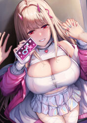 Rule 34 | 1girl, absurdres, bare shoulders, blush, breasts, chain, cleavage, crop top, fingerless gloves, gloves, goddess of victory: nikke, highres, holding, holding hands, holding phone, holographic clothing, horns, huge breasts, jacket, large breasts, light brown hair, long hair, looking at viewer, miniskirt, mole, mole under eye, nail polish, off shoulder, open mouth, pantyhose, phone, pink horns, pleated skirt, red eyes, shiny clothes, shiny skirt, sidelocks, skirt, smile, tama yu, viper (nikke), white gloves, white jacket, zipper