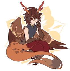 Rule 34 | 1boy, ahoge, animal feet, animal hands, artist name, baggy pants, brown hair, brown wings, chinese zodiac, claws, commentary, cup, dragon horns, dragon tail, english commentary, fauxpapillon, feathered wings, floral background, full body, granblue fantasy, hair between eyes, highres, horns, kemonomimi mode, male focus, messy hair, one eye closed, outline, pants, red eyes, red pants, sakazuki, sandalphon (granblue fantasy), sitting, sleeveless, sleeveless turtleneck, tail, talons, turtleneck, twitter username, white outline, wings, year of the dragon