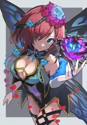 Rule 34 | 1girl, artist name, bare shoulders, black dress, blue eyes, breasts, cleavage, closed mouth, covered navel, detached sleeves, dress, eyes visible through hair, facial mark, fairy, fairy wings, fire emblem, fire emblem heroes, flower, hair flower, hair ornament, hair over one eye, hair vines, highres, hirotaka (hrtk990203), looking at viewer, nintendo, official alternate costume, red hair, short dress, short hair, solo, thorns, triandra (fire emblem), triandra (reverent dream) (fire emblem), wings