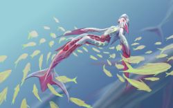 Rule 34 | 1girl, auruster, bodysuit, commentary, diving, english commentary, fins, fish, formal, full body, highres, looking at viewer, mermaid costume, monofin, original, red eyes, science fiction, see-through, skin tight, solo, suit, underwater